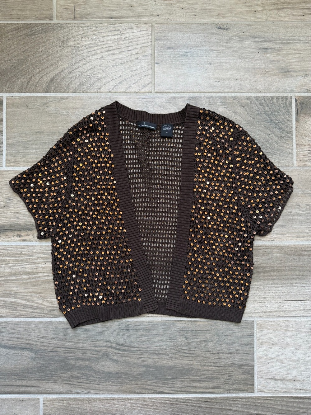 Moda International Gold Sequin Brown Silk Open Knit Shrug Bolero S